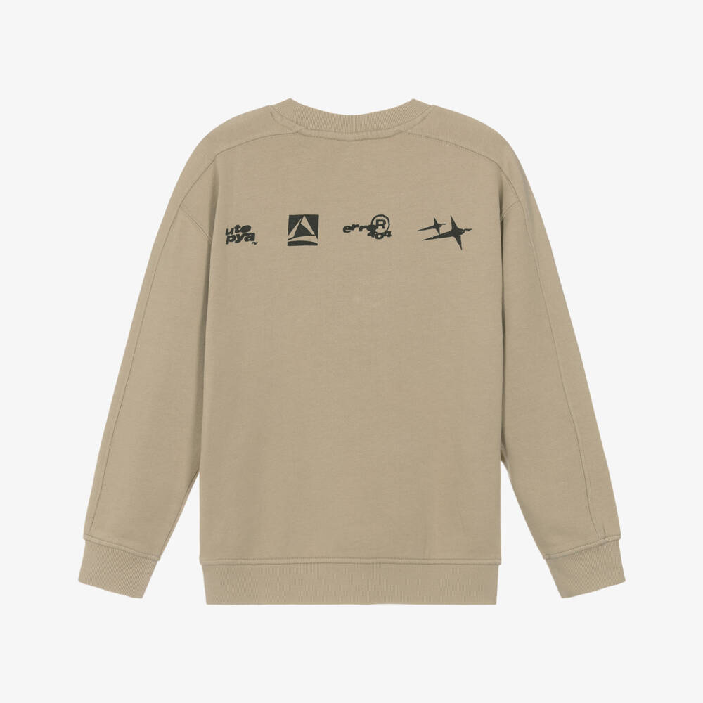 iDO-Boys Beige Cotton Oversized Sweatshirt with Black Logo Print | Childrensalon