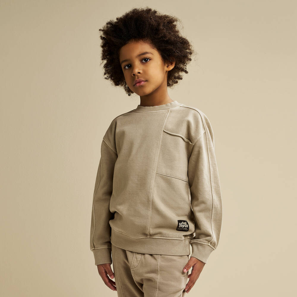 iDO-Boys Beige Cotton Oversized Sweatshirt with Black Logo Print | Childrensalon