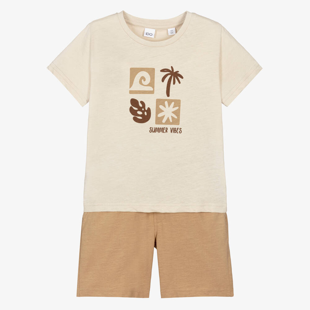 iDO-Boys Beige Cotton Summer Vibes Shorts Set | Childrensalon