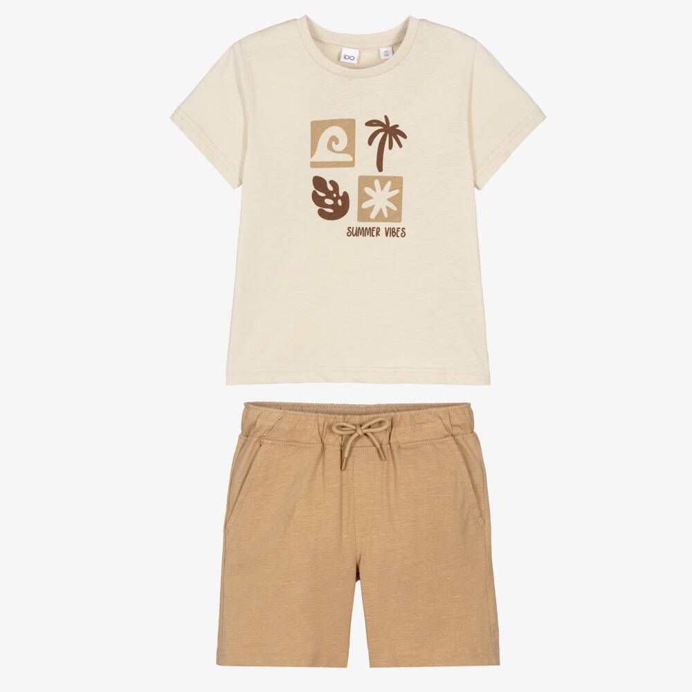 iDO-Boys Beige Cotton Summer Vibes Shorts Set | Childrensalon