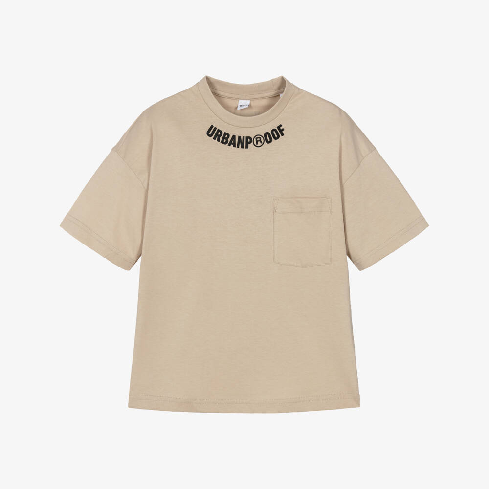 iDO-Boys Beige Cotton T-Shirt with Urban Proof Graphic | Childrensalon