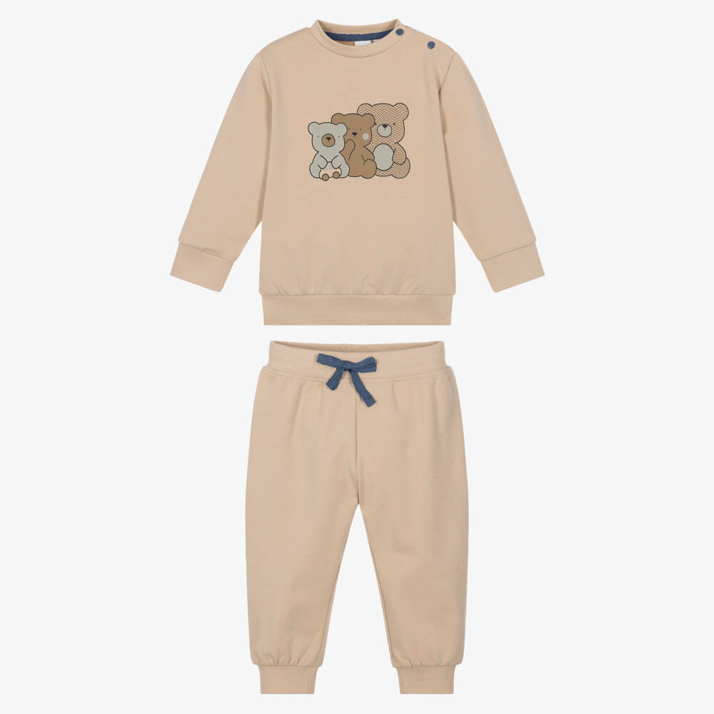 iDO-Boys Beige Cotton Tracksuit with Teddy Bear Prints | Childrensalon