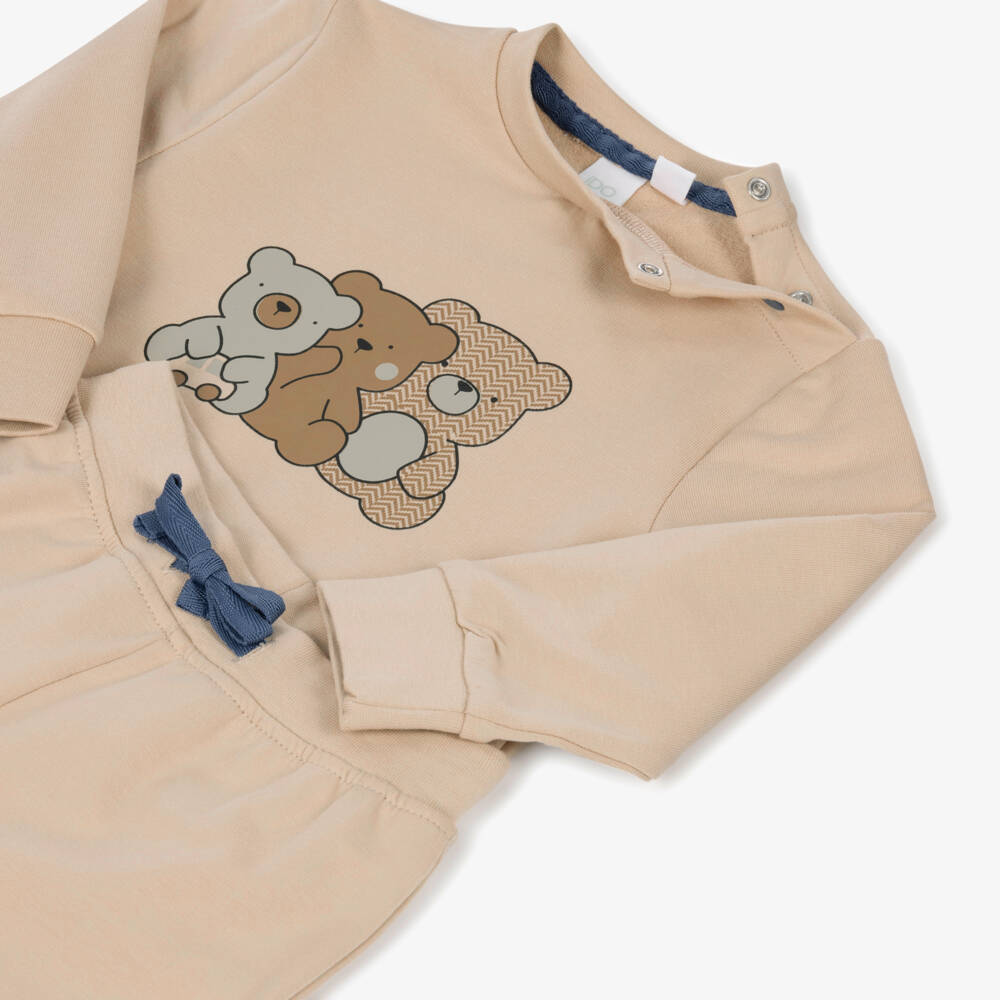 iDO-Boys Beige Cotton Tracksuit with Teddy Bear Prints | Childrensalon