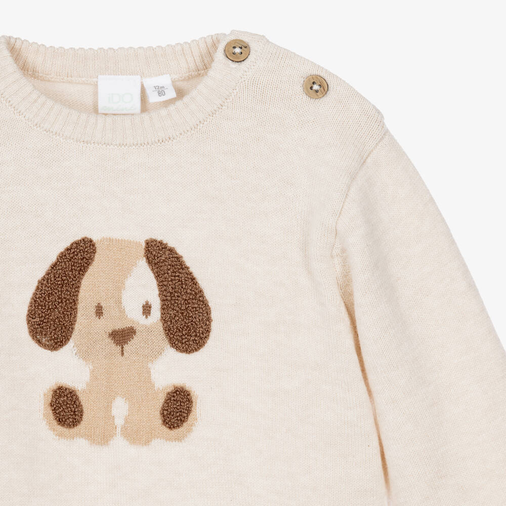 iDO-Boys Beige Knitted Sweater with Puppy Motif | Childrensalon