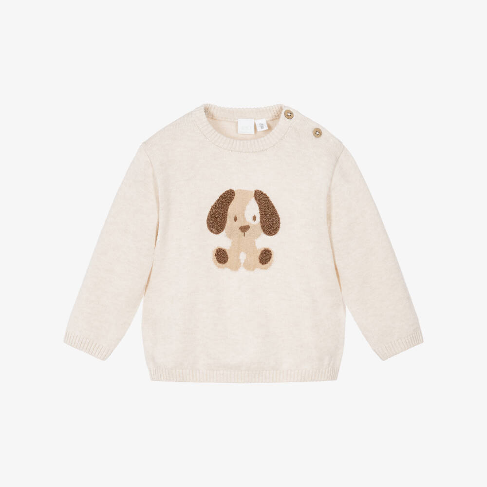 iDO-Boys Beige Knitted Sweater with Puppy Motif | Childrensalon