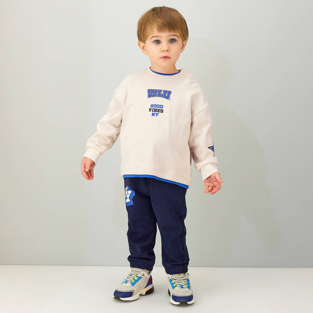 iDO-Boys Beige & Navy Cotton Tracksuit with Varsity Prints | Childrensalon