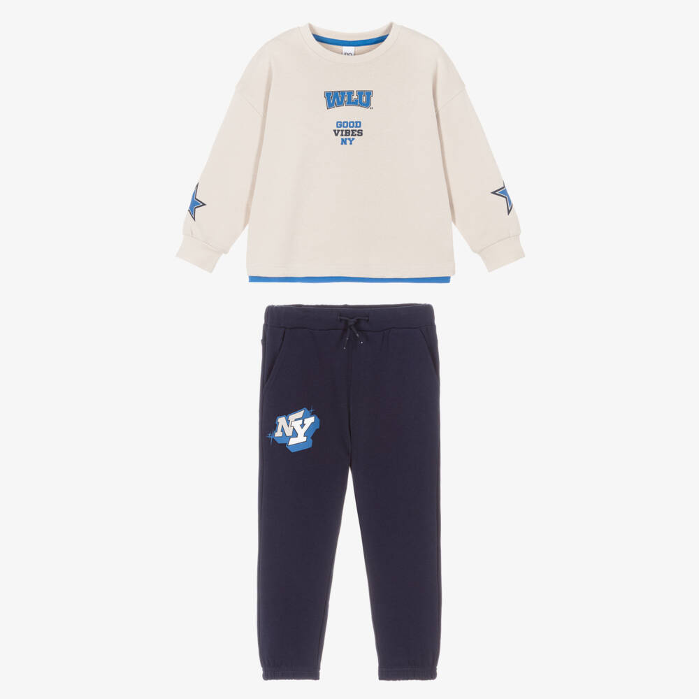 iDO-Boys Beige & Navy Cotton Tracksuit with Varsity Prints | Childrensalon