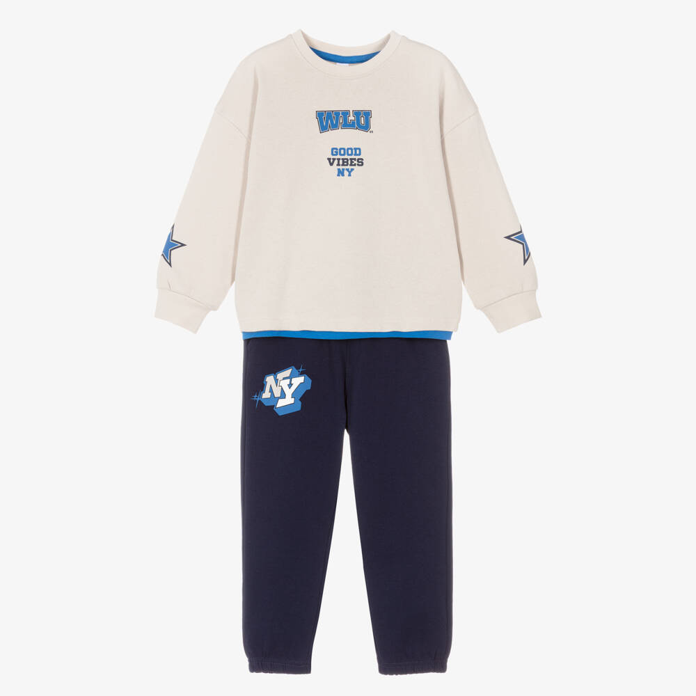 iDO-Boys Beige & Navy Cotton Tracksuit with Varsity Prints | Childrensalon