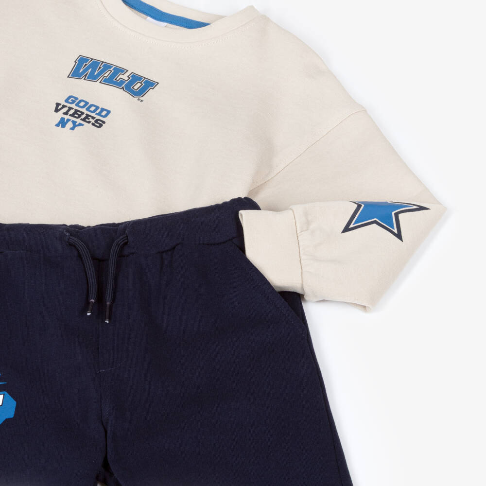 iDO-Boys Beige & Navy Cotton Tracksuit with Varsity Prints | Childrensalon