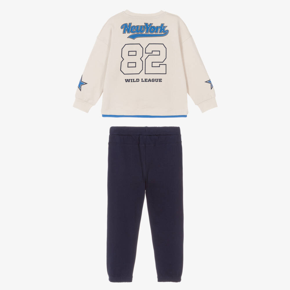 iDO-Boys Beige & Navy Cotton Tracksuit with Varsity Prints | Childrensalon