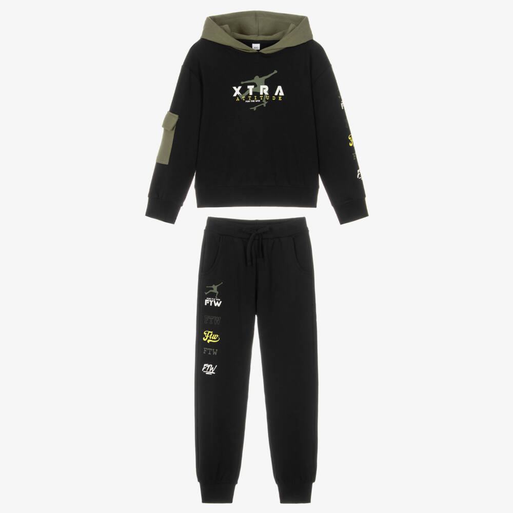 iDO-Boys Black & Green Slogan Print Hooded Tracksuit  | Childrensalon