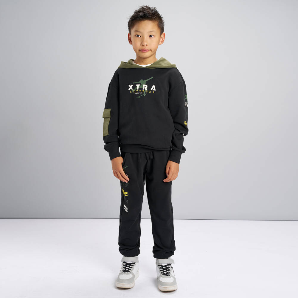 iDO-Boys Black & Green Slogan Print Hooded Tracksuit  | Childrensalon