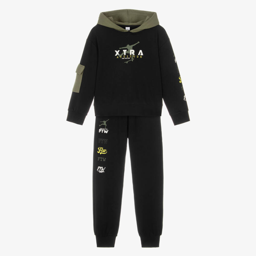 iDO-Boys Black & Green Slogan Print Hooded Tracksuit  | Childrensalon