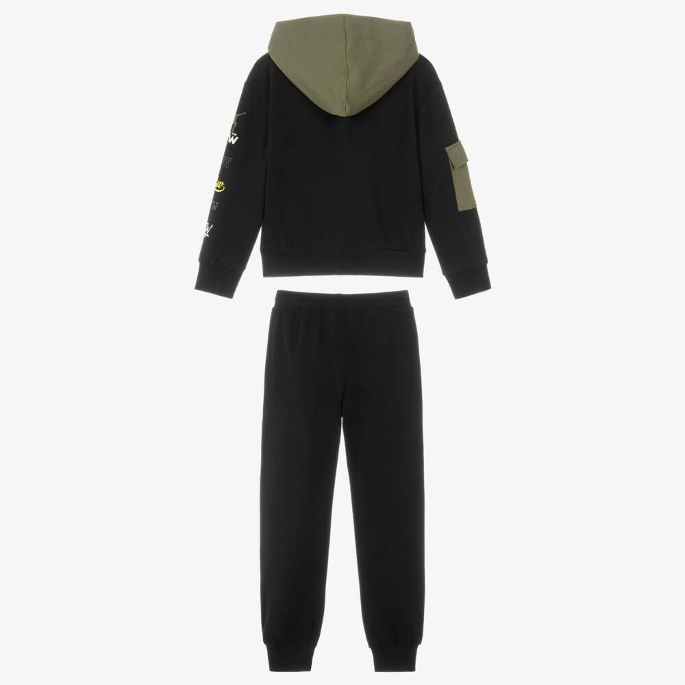 iDO-Boys Black & Green Slogan Print Hooded Tracksuit  | Childrensalon
