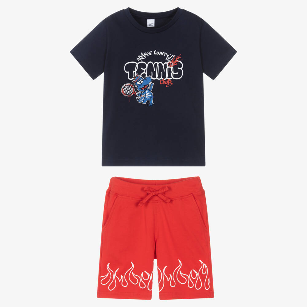 iDO-Boys Blue & Red Cotton Shorts Set with Tennis Club Graphic | Childrensalon