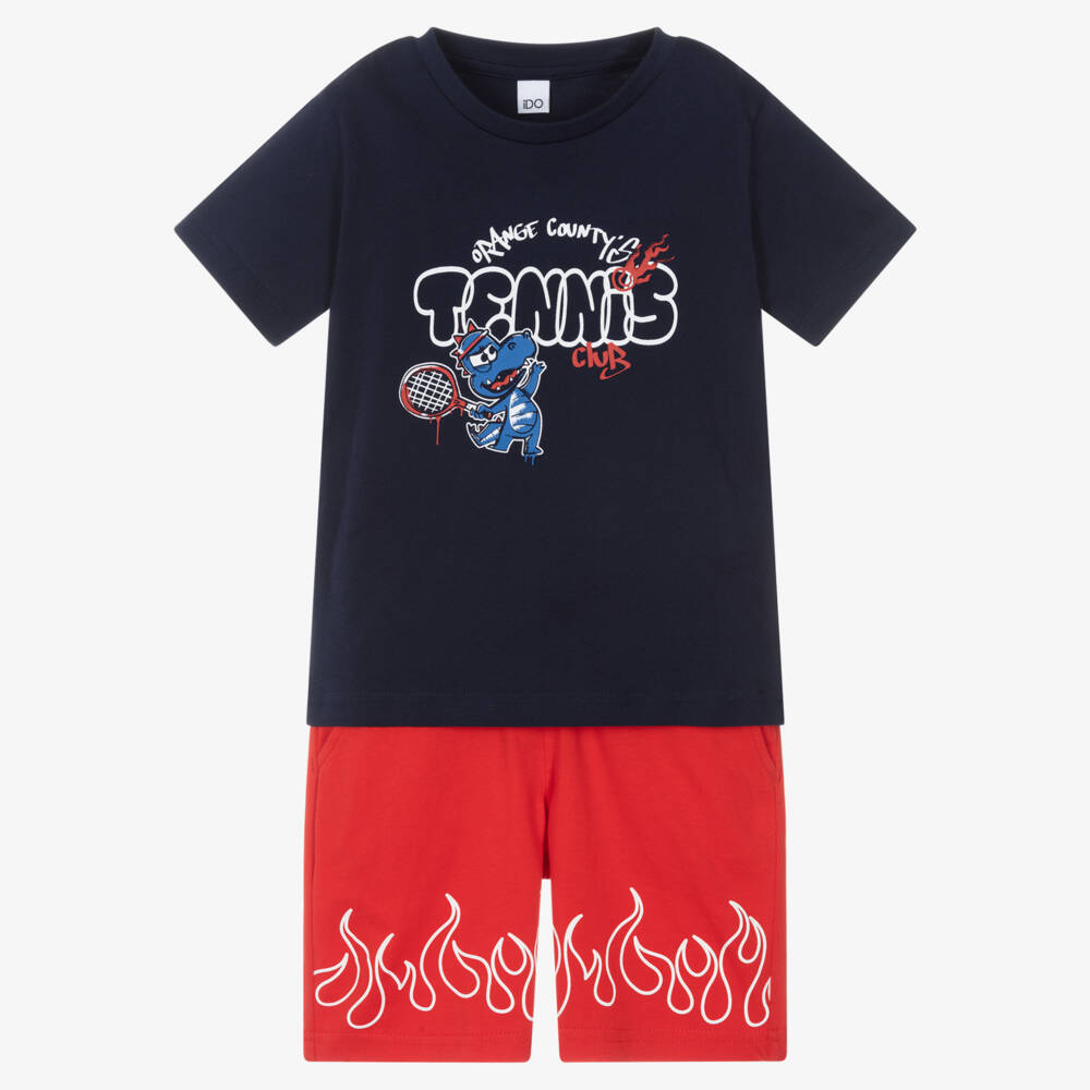 iDO-Boys Blue & Red Cotton Shorts Set with Tennis Club Graphic | Childrensalon