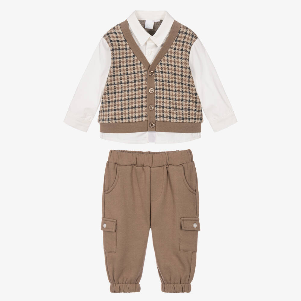 iDO-Boys Brown Check Trousers Set | Childrensalon