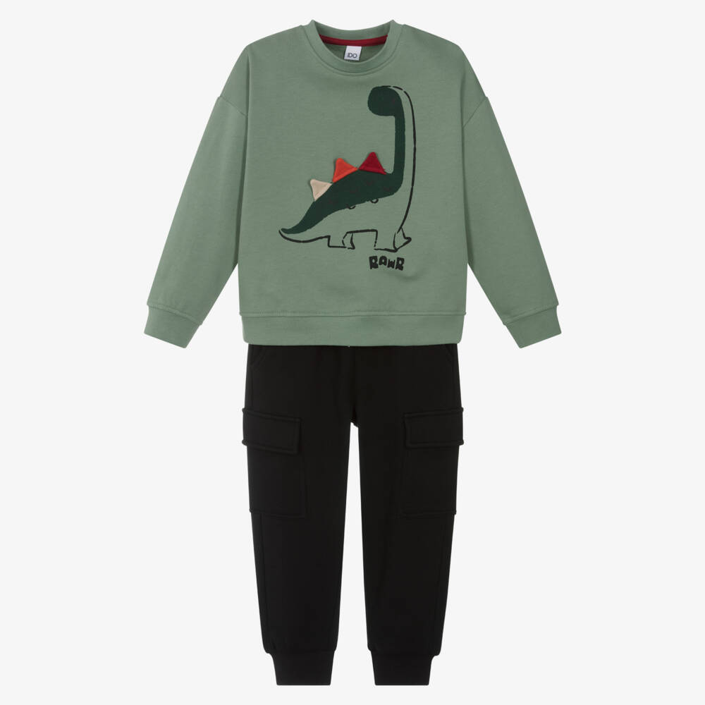 iDO-Спортивный костюм зелёно-чёрный из хлопка с динозавром для мальчиков | Childrensalon