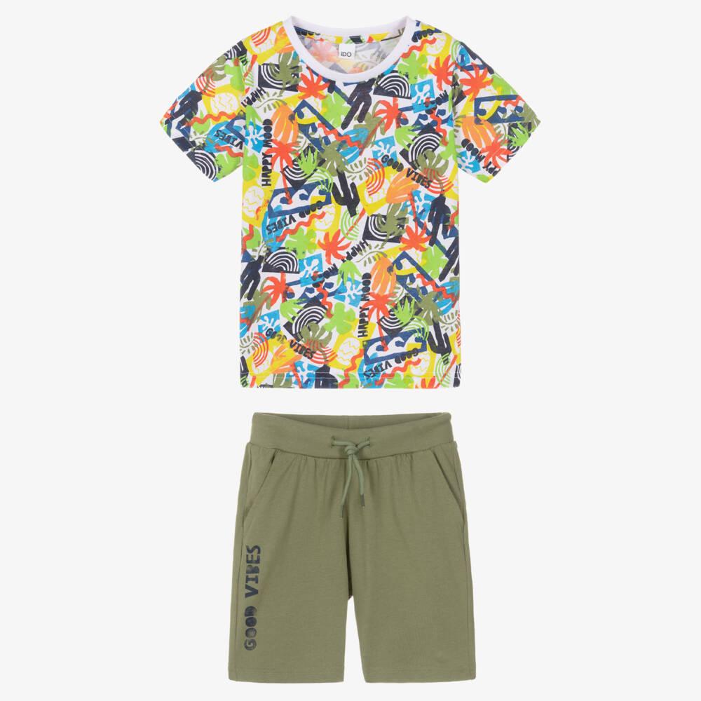 iDO-Boys Green Cotton Good Vibes Shorts Set | Childrensalon