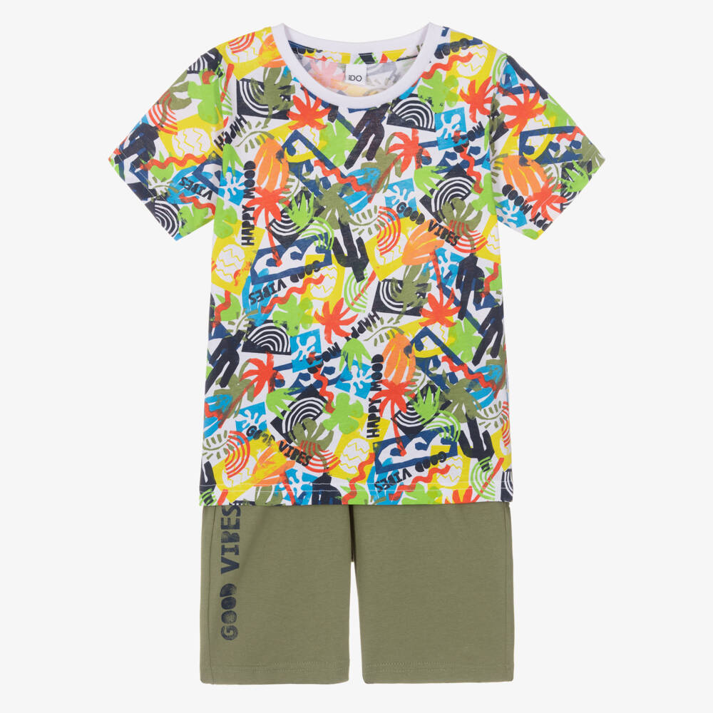 iDO-Boys Green Cotton Good Vibes Shorts Set | Childrensalon