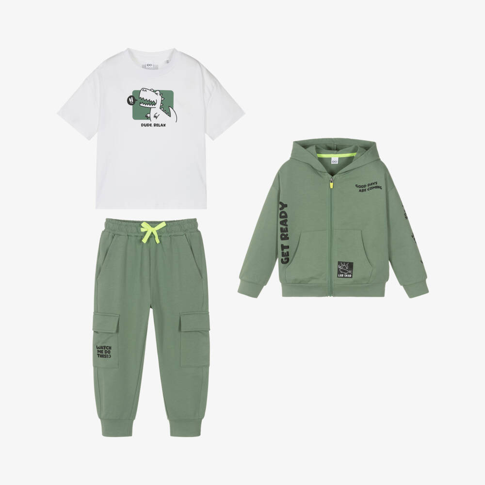 iDO-Boys Green Cotton Tracksuit & T-Shirt Set | Childrensalon
