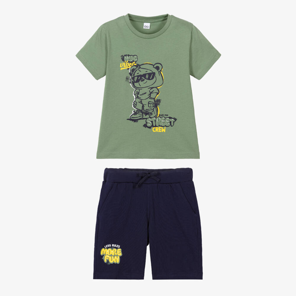 iDO-Boys Green & Navy Blue Cotton Shorts Set with NYC Bear Print | Childrensalon
