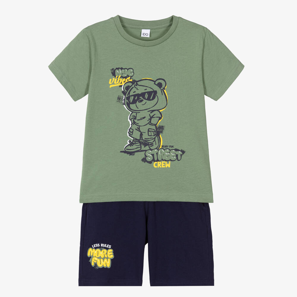 iDO-Boys Green & Navy Blue Cotton Shorts Set with NYC Bear Print | Childrensalon