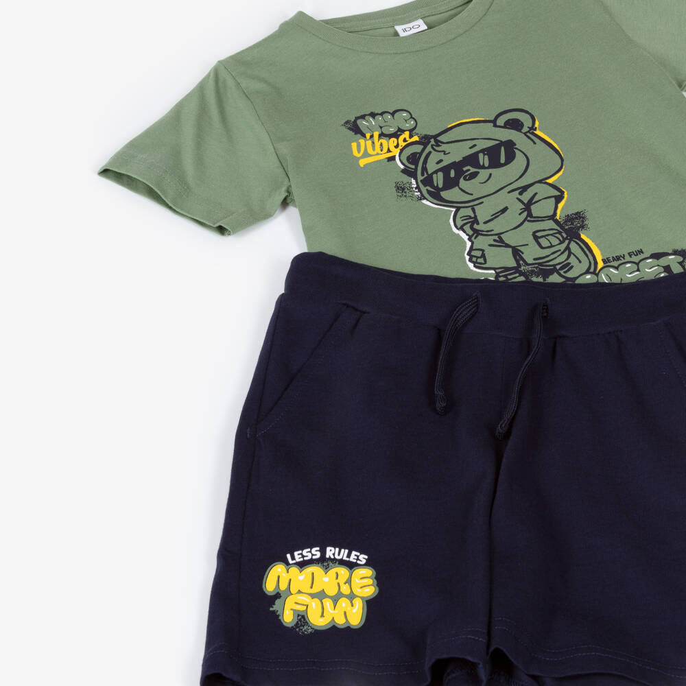 iDO-Boys Green & Navy Blue Cotton Shorts Set with NYC Bear Print | Childrensalon