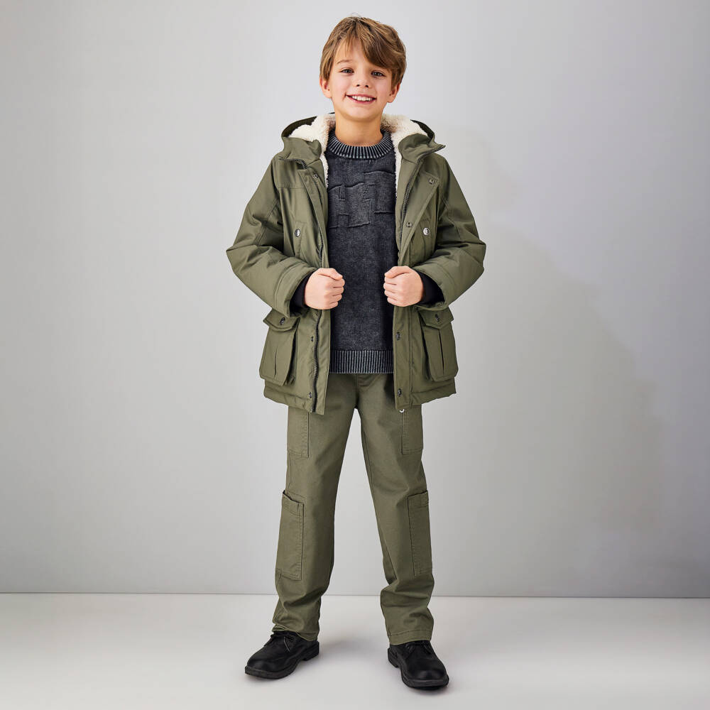 iDO-Boys Green Parka Coat with Fleece Lining | Childrensalon