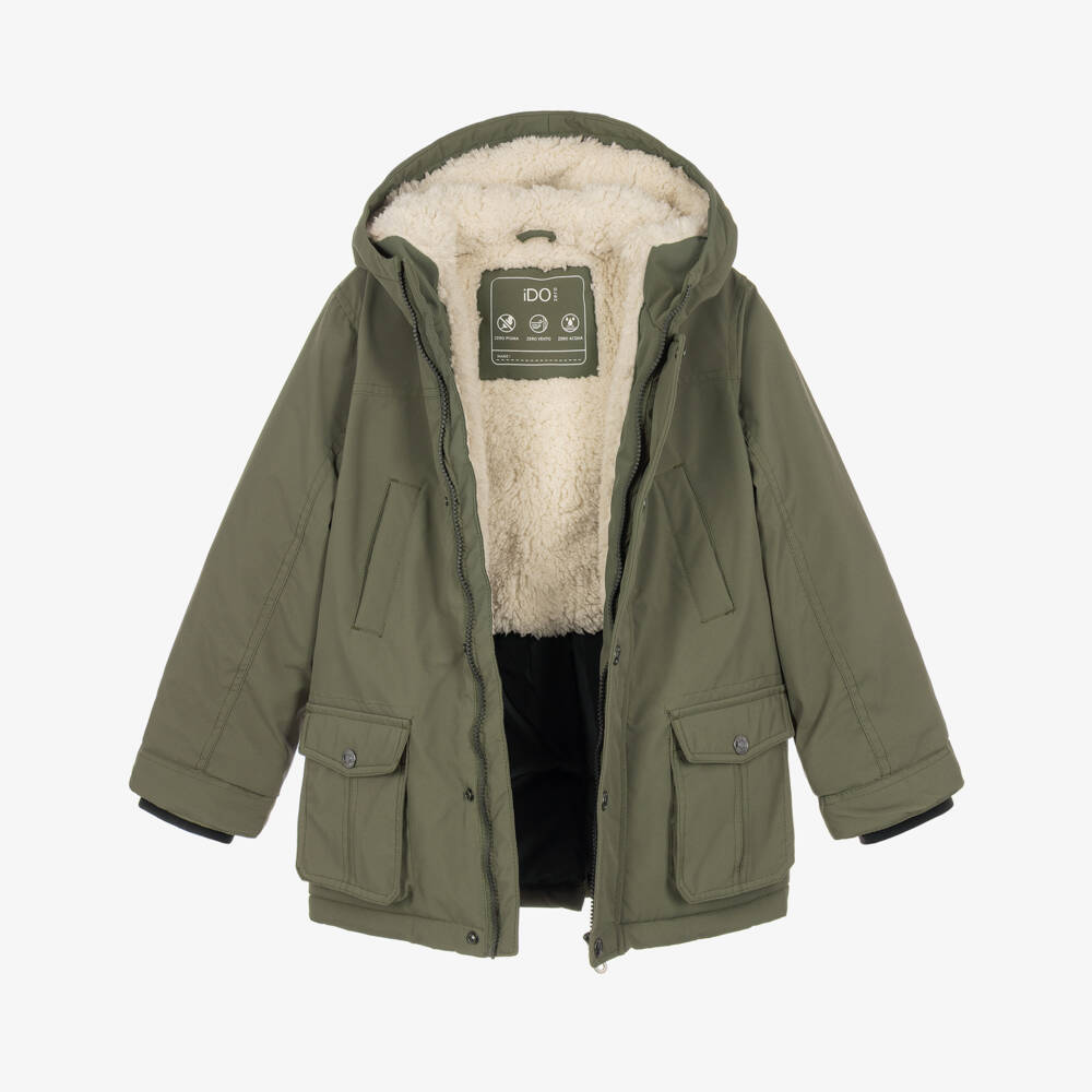 iDO-Boys Green Parka Coat with Fleece Lining | Childrensalon