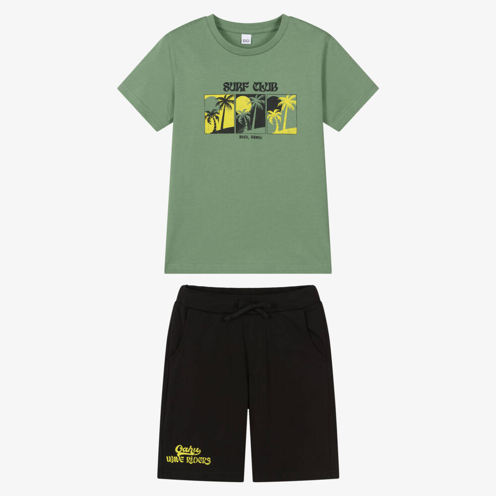 iDO-Boys Green T-Shirt & Black Cotton Jersey Shorts Set | Childrensalon
