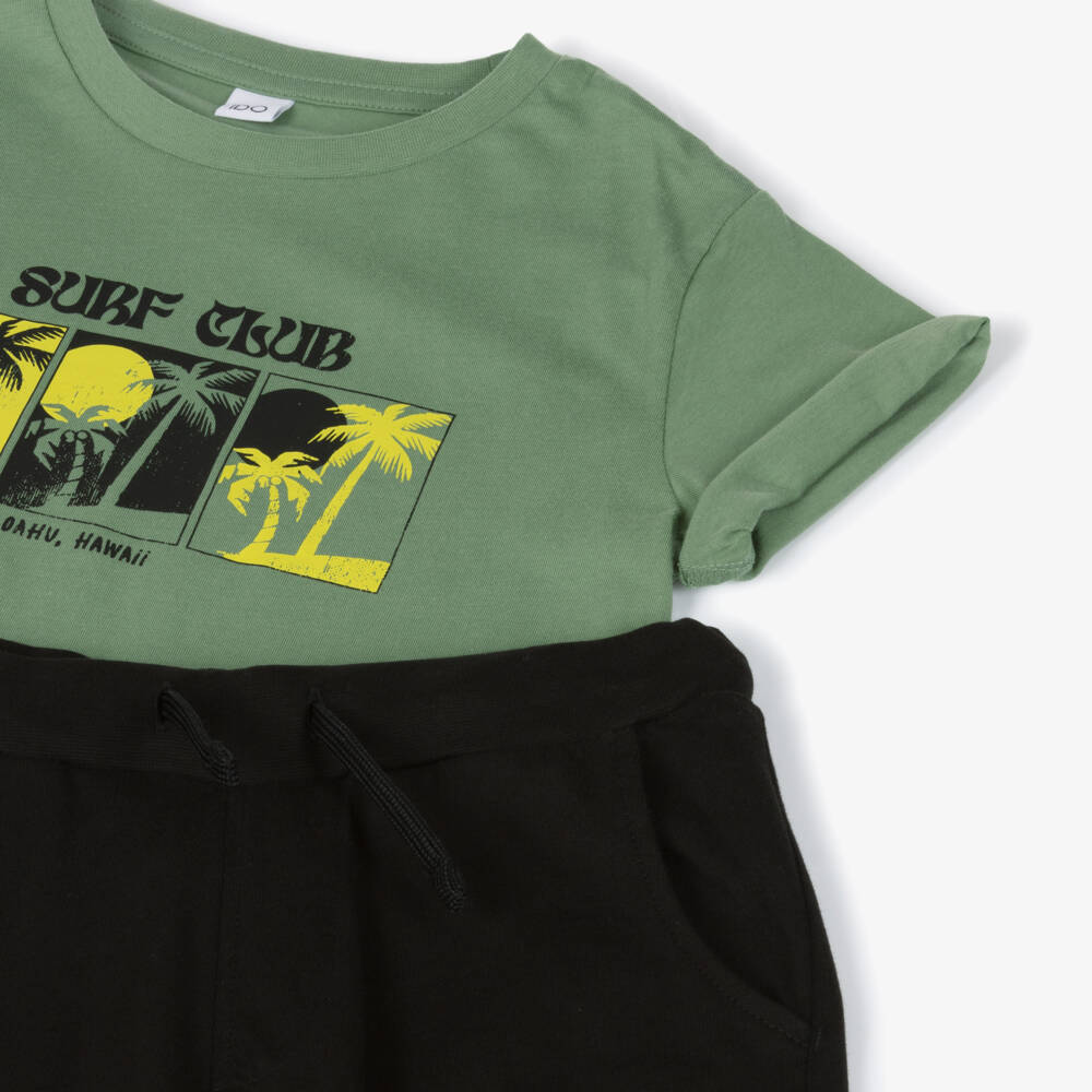 iDO-Boys Green T-Shirt & Black Cotton Jersey Shorts Set | Childrensalon