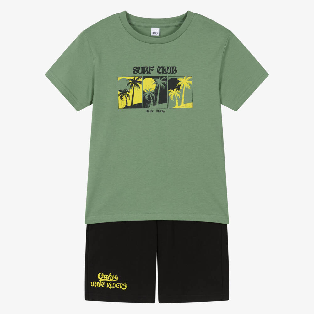 iDO-Boys Green T-Shirt & Black Cotton Jersey Shorts Set | Childrensalon