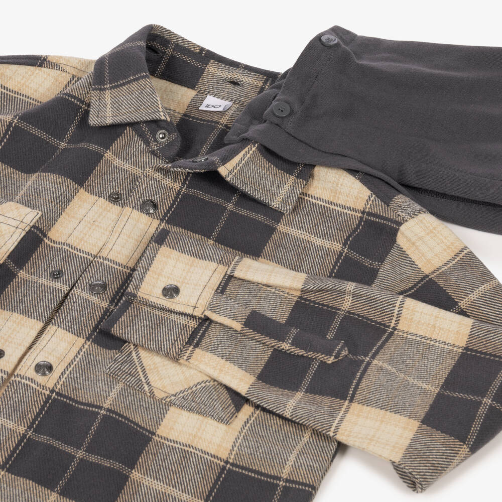 iDO-Boys Grey & Beige Cotton Check Shacket | Childrensalon