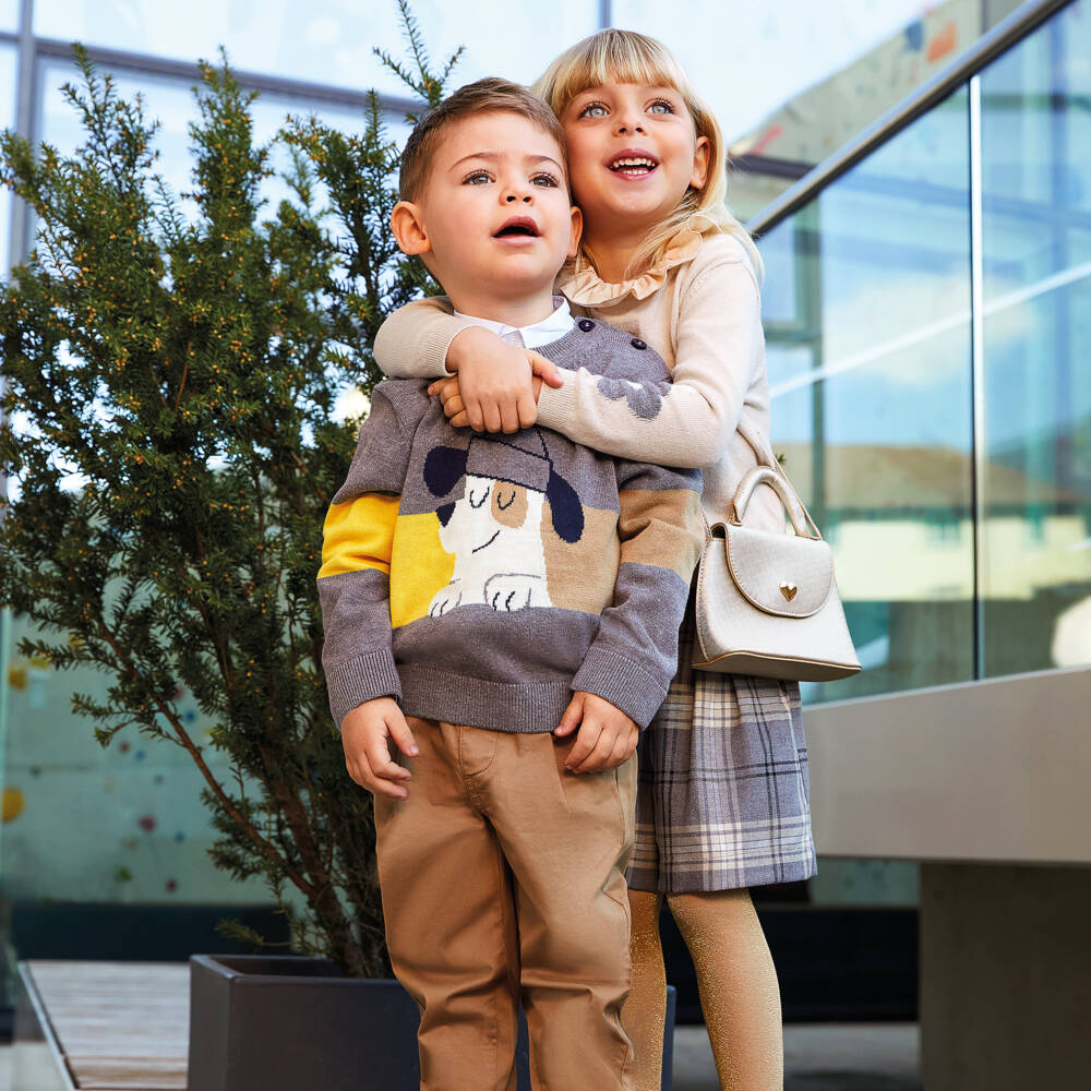 iDO-Boys Grey Marl Cotton Sweater with Intarsia Dog | Childrensalon