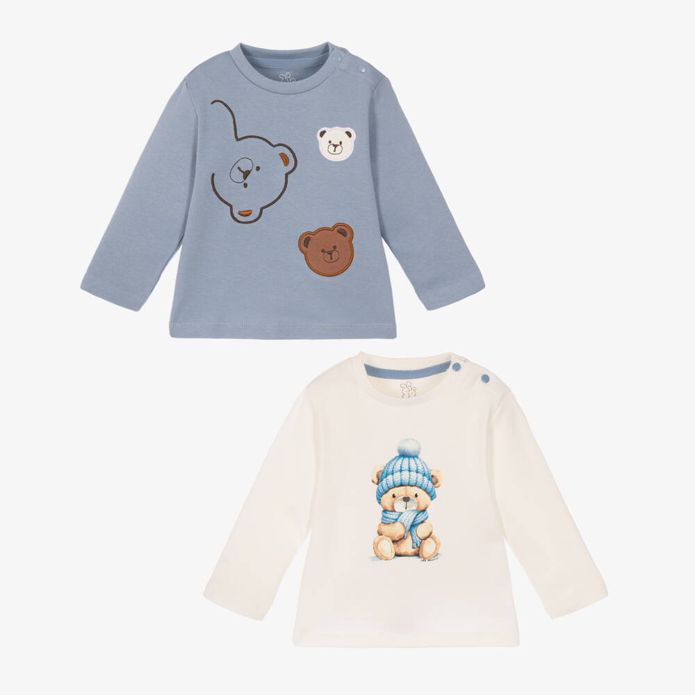 iDO-Boys Ivory & Blue Teddy Tops in Cotton (2 Pack) | Childrensalon