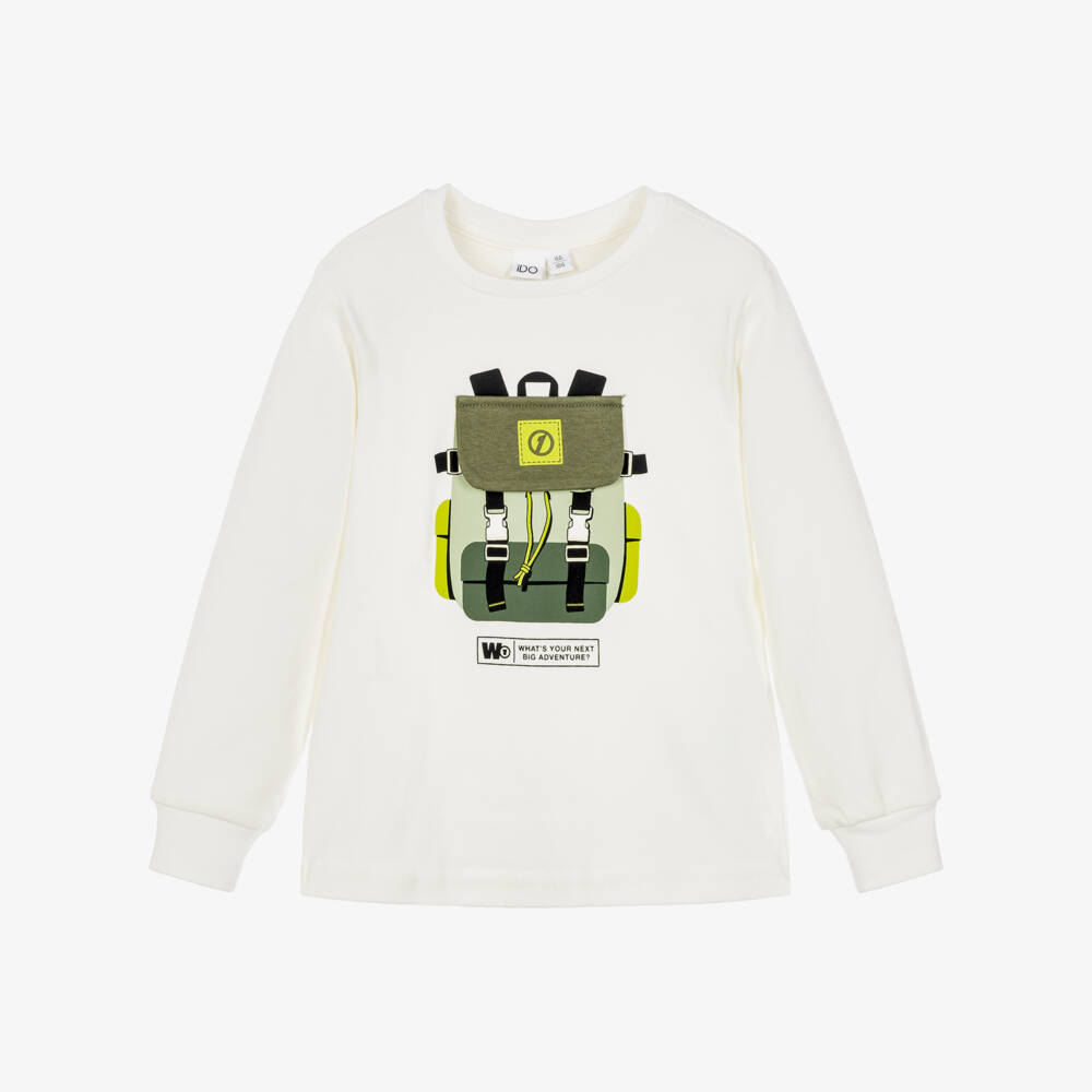 iDO-Boys Ivory Cotton Jersey Top with Backpack Motif  | Childrensalon