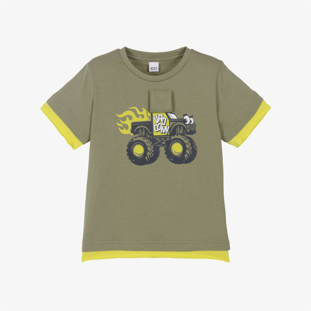 iDO-Футболка из хлопка зеленая хаки с монстр-траком для мальчиков | Childrensalon