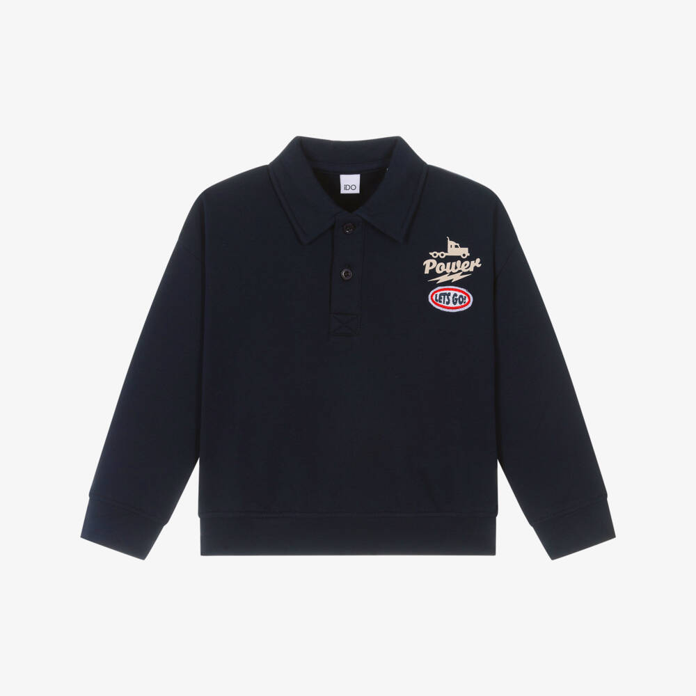 iDO-Boys Long Sleeve Navy Blue Cotton Polo Shirt | Childrensalon