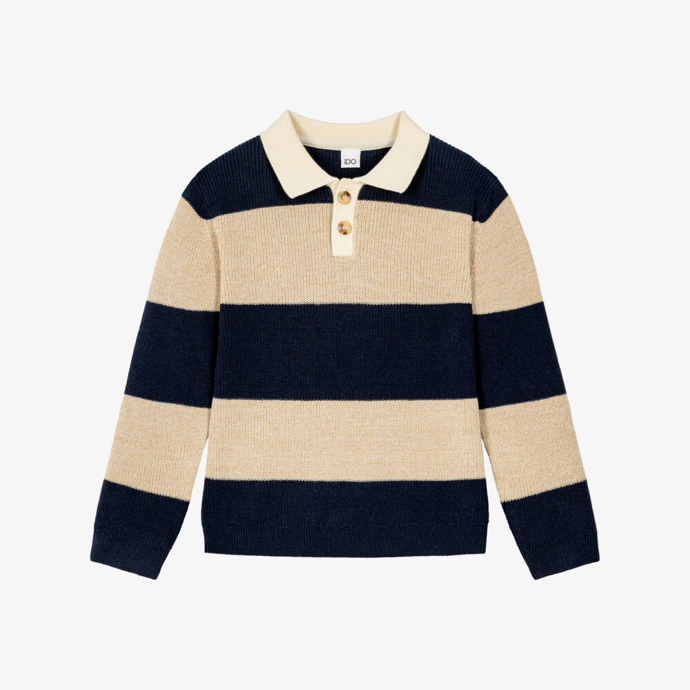 iDO-Boys Navy & Beige Striped Polo Style Sweater | Childrensalon