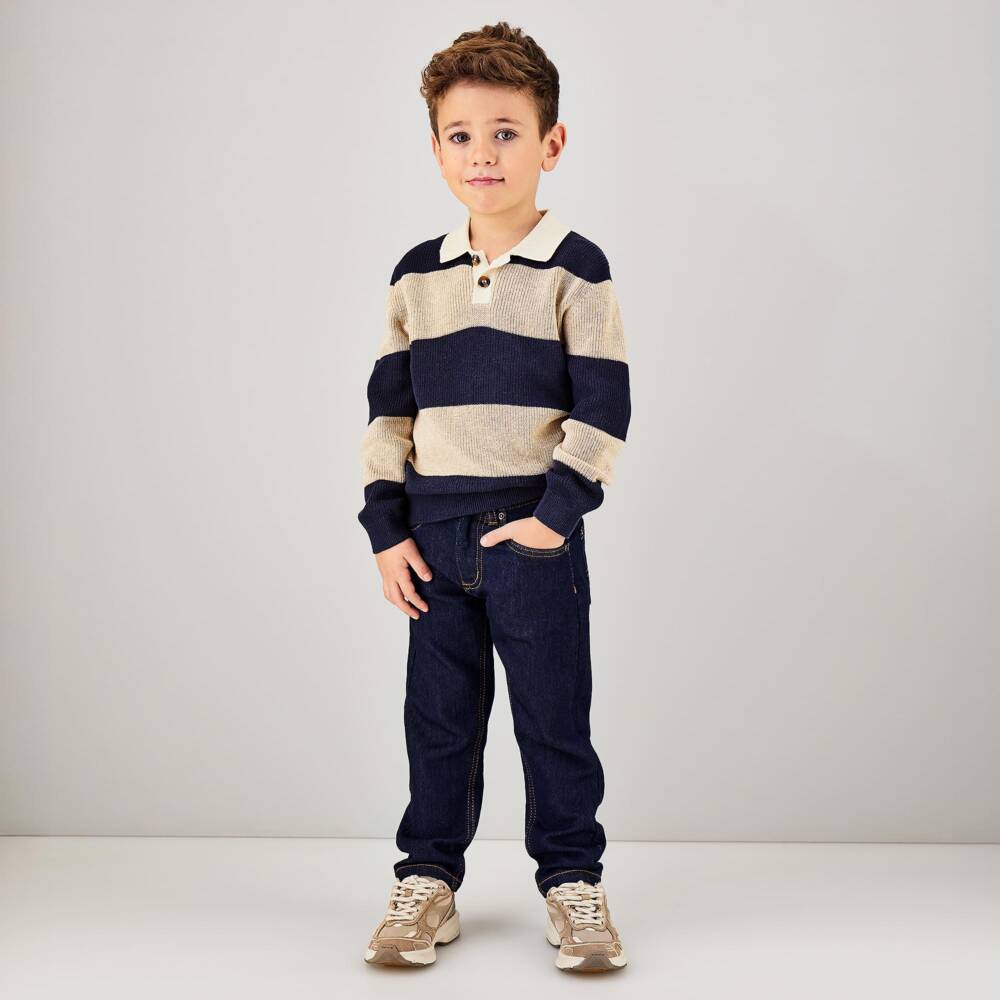 iDO-Boys Navy & Beige Striped Polo Style Sweater | Childrensalon