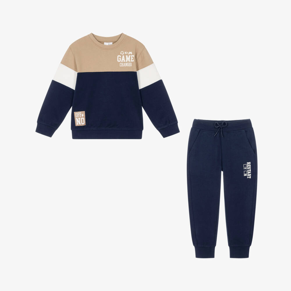 iDO-Boys Navy Blue & Beige Cotton Tracksuit | Childrensalon