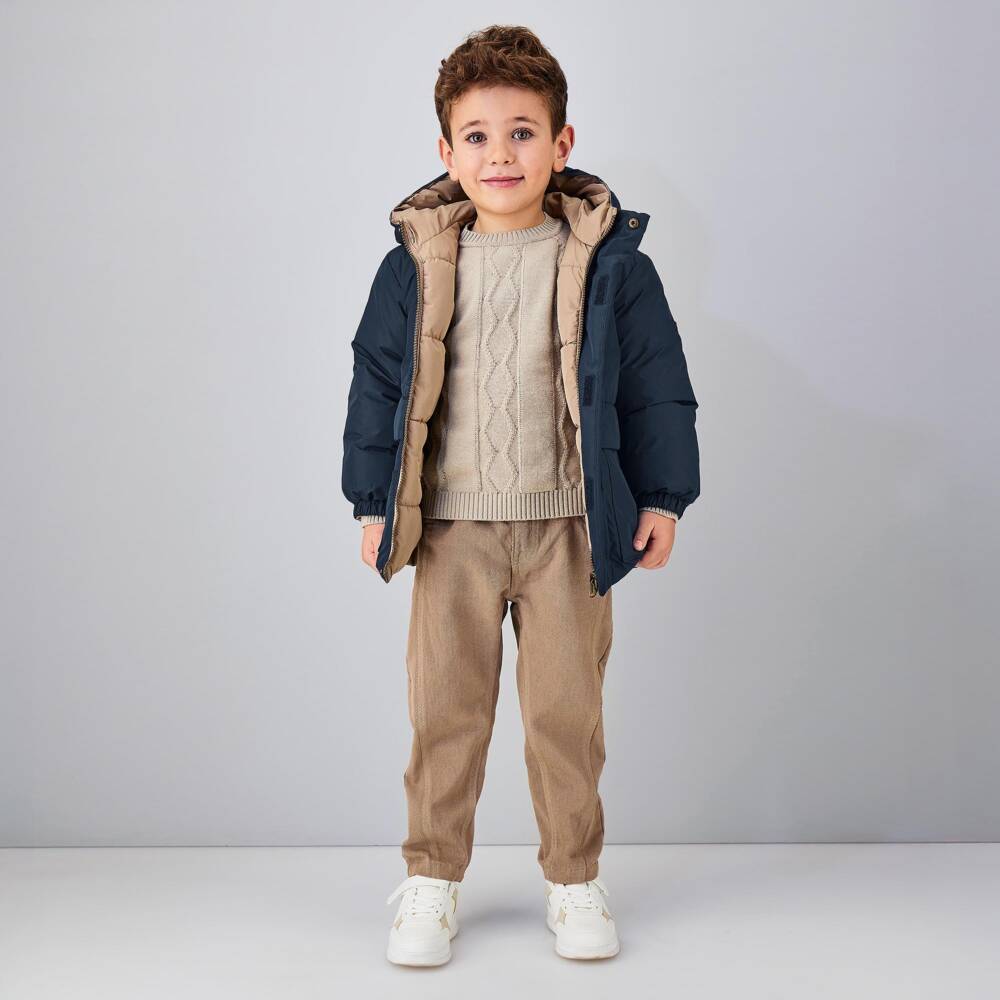 iDO-Boys Navy Blue & Beige Reversible Puffer Coat | Childrensalon
