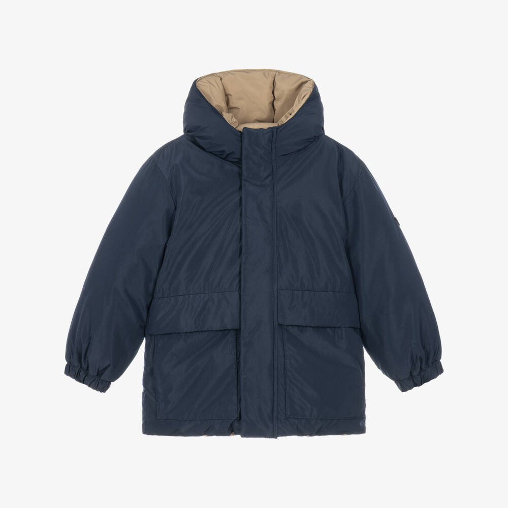 iDO-Boys Navy Blue & Beige Reversible Puffer Coat | Childrensalon