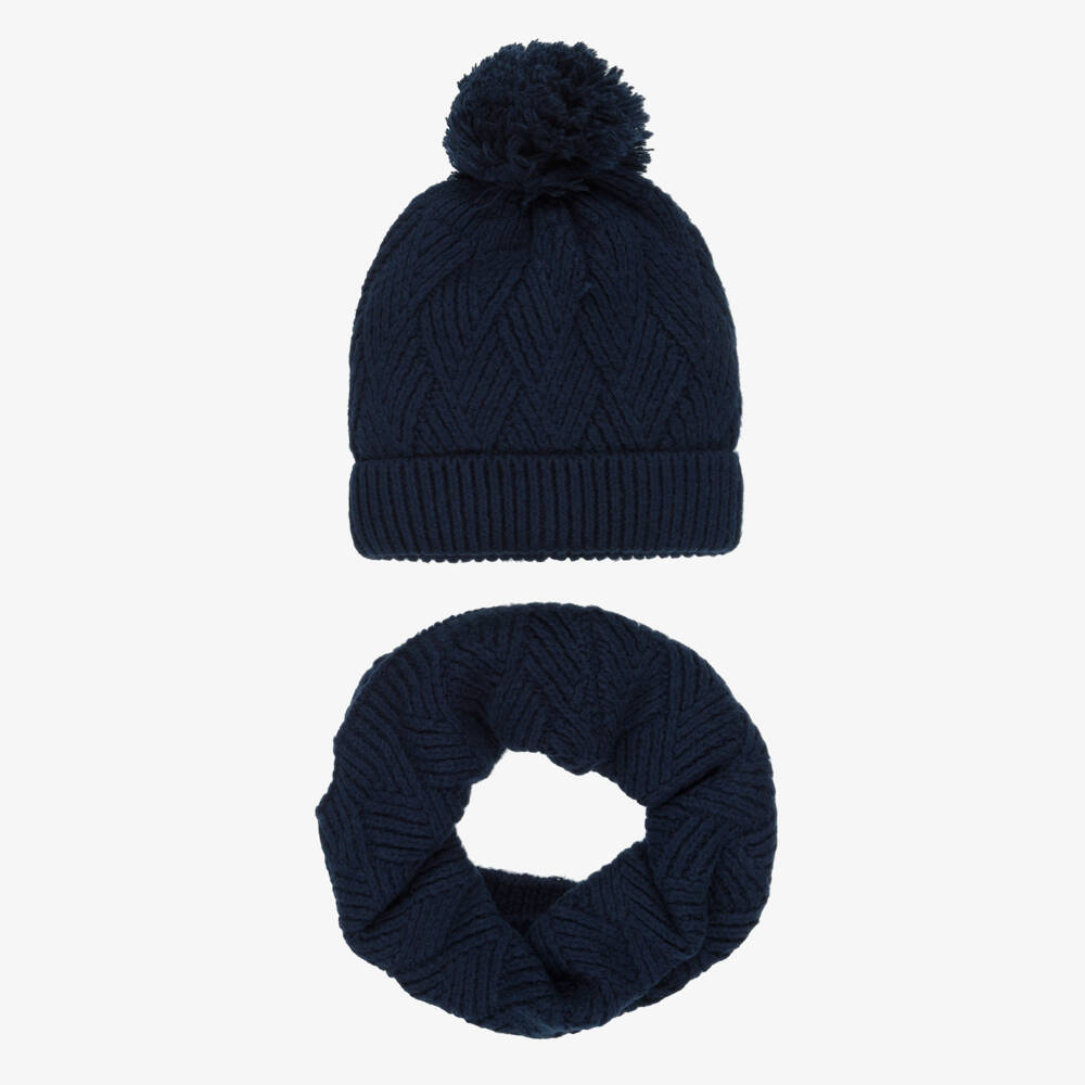 iDO-Boys Navy Blue Knitted Pom-Pom Hat & Snood Set | Childrensalon