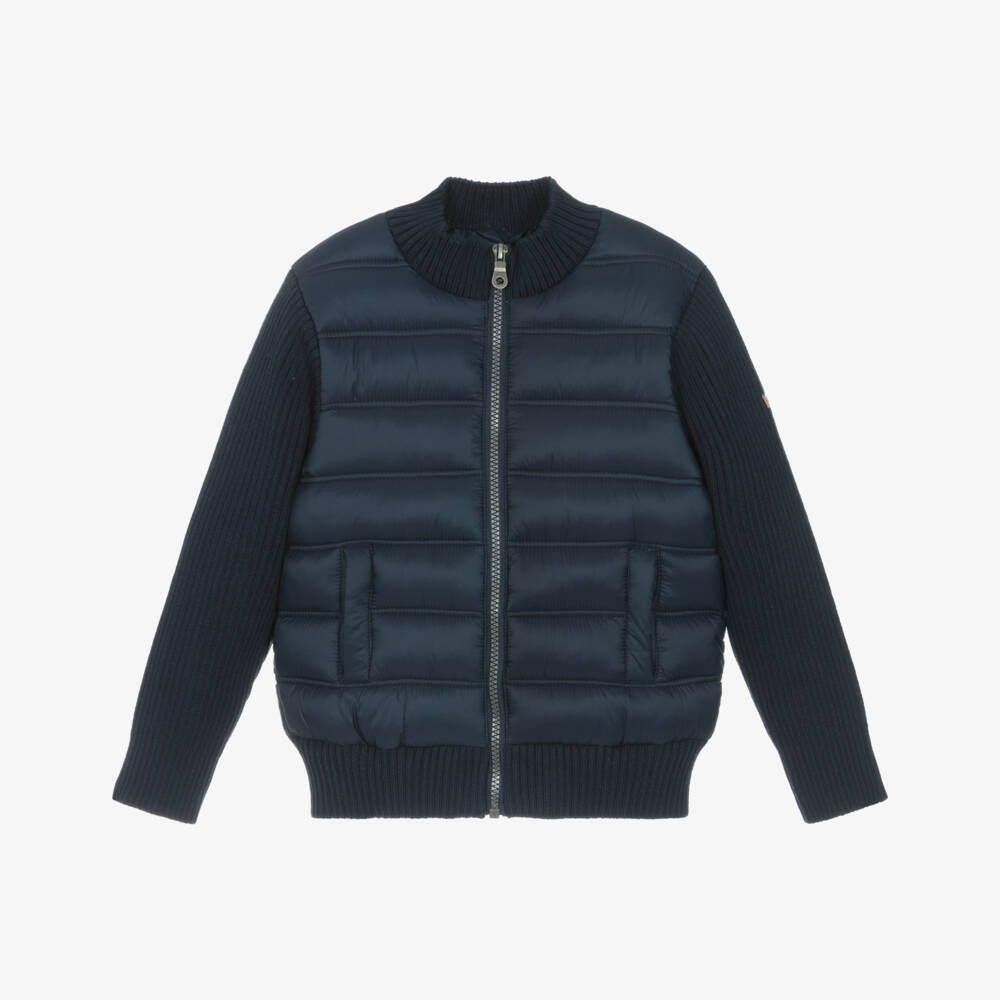 iDO-Boys Navy Blue Puffer Jacket with Knitted Sleeves | Childrensalon