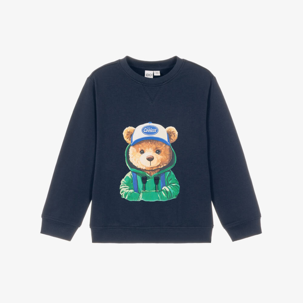 iDO-Boys Navy Cotton Teddy Bear Sweatshirt | Childrensalon
