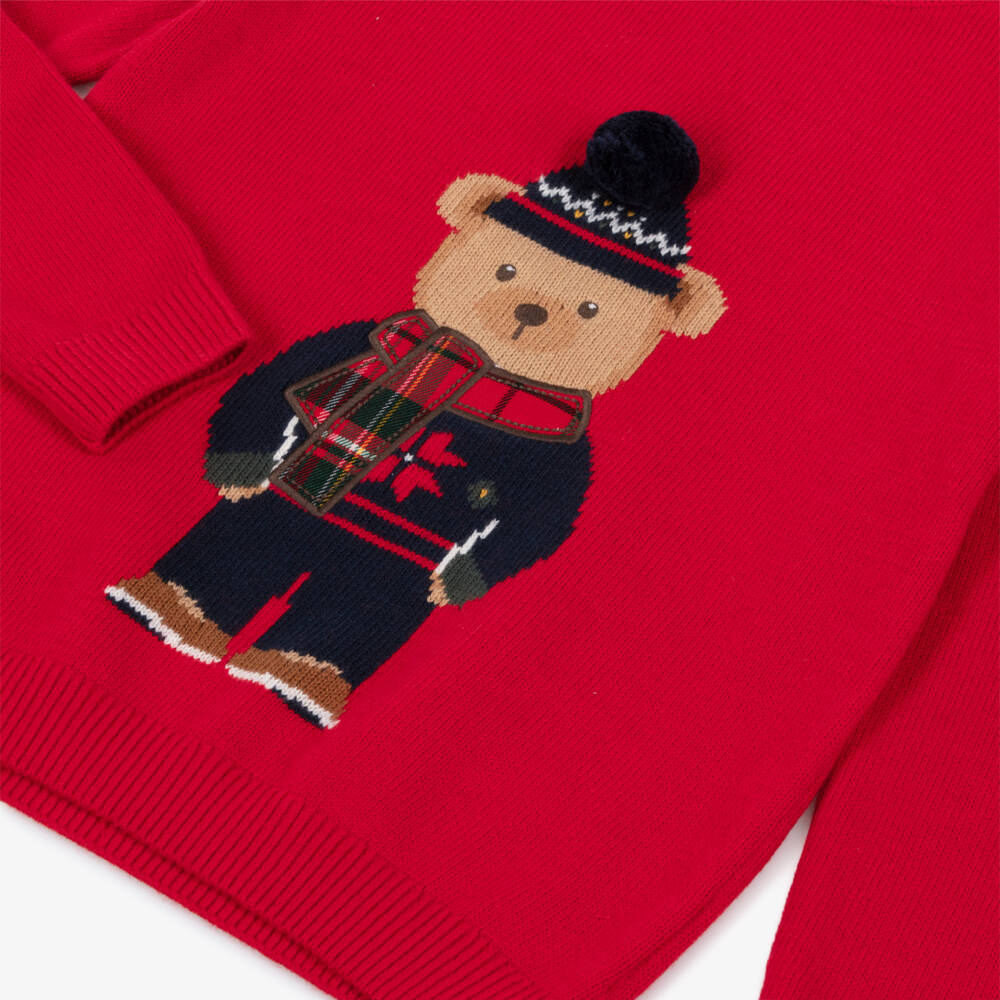 iDO-Boys Red Cotton & Wool Knit Bear Sweater with Pom-Pom | Childrensalon