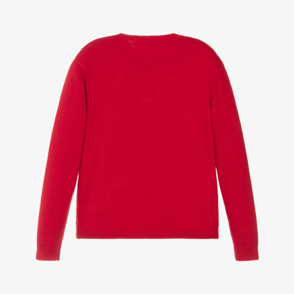 iDO-Boys Red Cotton & Wool Knit Bear Sweater with Pom-Pom | Childrensalon
