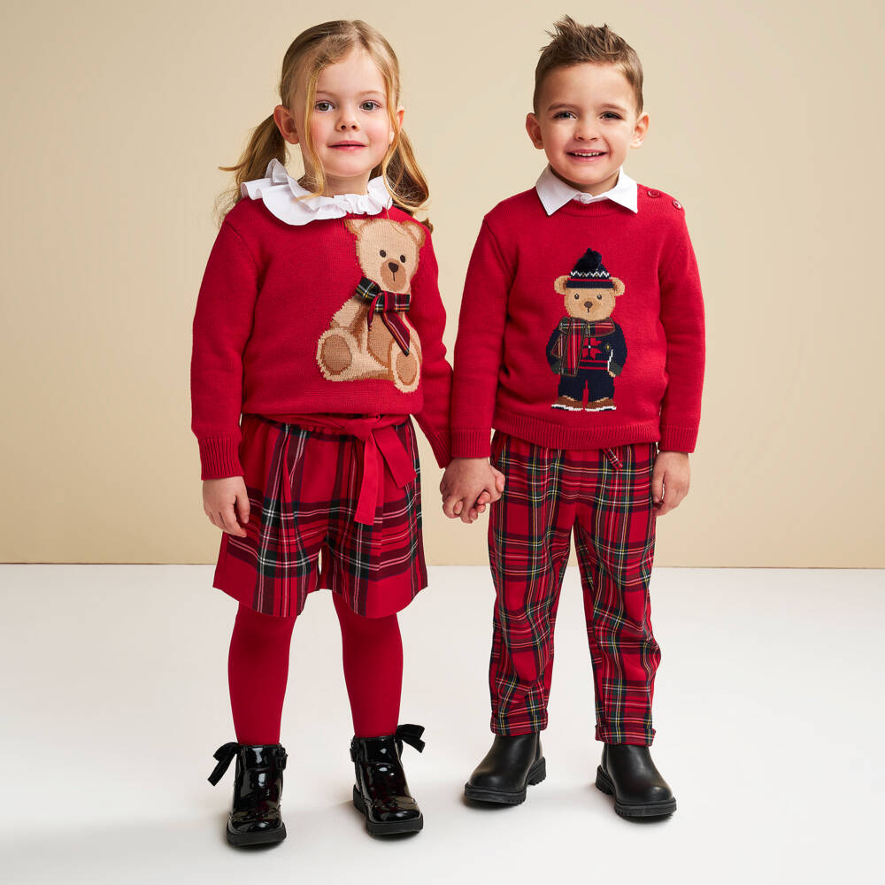 iDO-Boys Red Cotton & Wool Knit Bear Sweater with Pom-Pom | Childrensalon